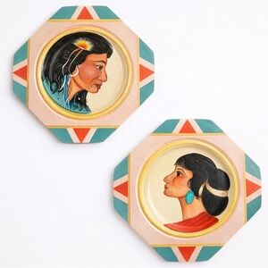 Vintage Southwestern Hand-Painted Wooden Plates Trays Indigenous Portrait Art 2